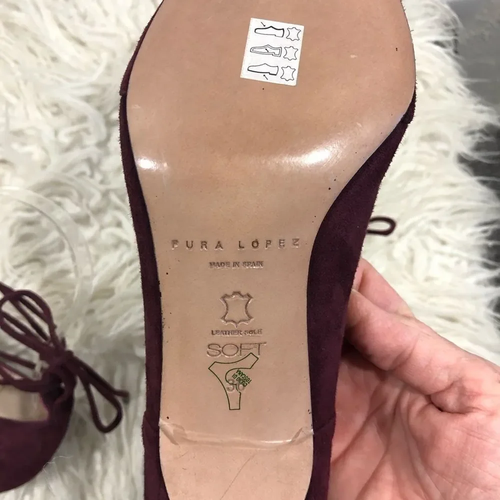PURA‎ LOPEZ -MAROON ANKLE TIE SUEDE PUMPS HEELS S4